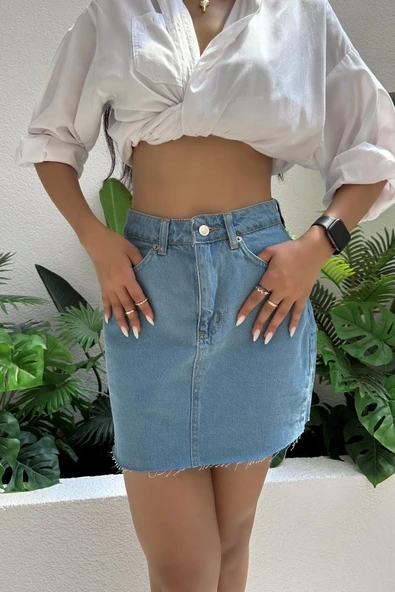 Kadın Dikişsiz Denim Mini Etek - Resim 3