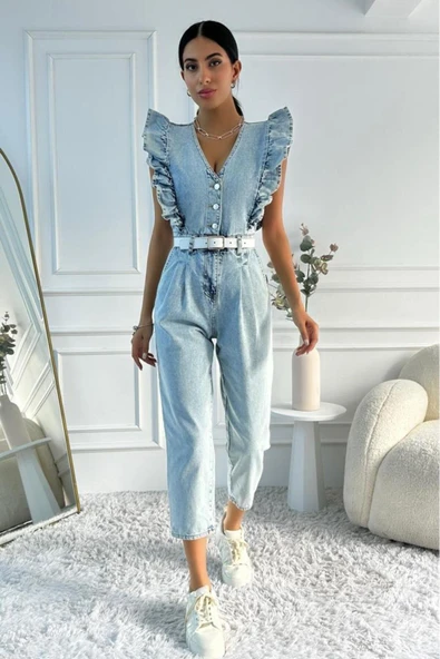 Kadın Fırfır Detaylı Kolsuz Mom Kalıp Denim Tulum ürün görseli 1