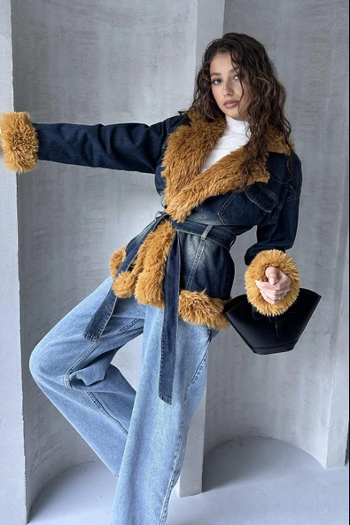 Kemerli Denim Kürk Ceket - Resim 4