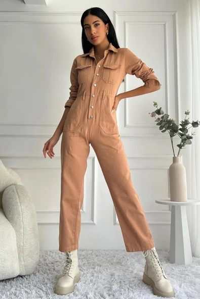 Kadın Çıt Çıt Düğmeli Uzun Kollu Denim Kiremit Tulum ürün görseli 1