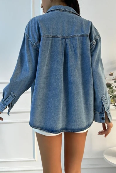 Kadın Oversize Mavi Denim Gömlek - Resim 12