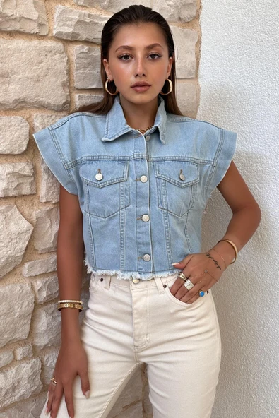 Kadın Etek Ucu Püsküllü Denim Yelek ürün görseli 1