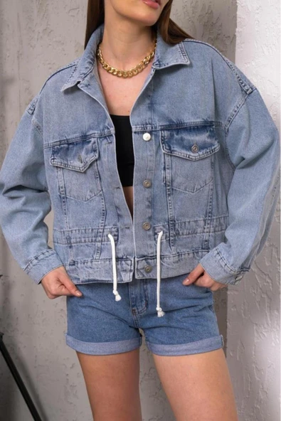 Kadın Oversize Bel Ayarlamalı Denim Ceket - Resim 9
