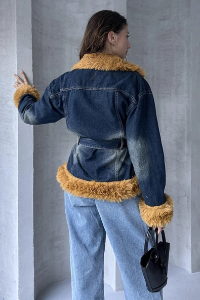 Kemerli Denim Kürk Ceket - Resim 2