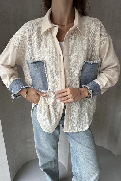 Denim Detaylı Garnili Gömlek ürün görseli 1