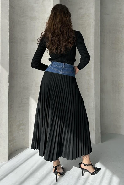 Denim Detay Pileli Etek - Resim 3