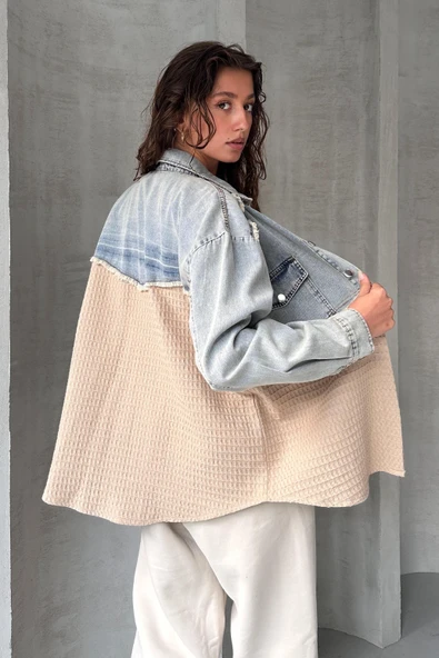 Yarı Eskitme Denim Detaylı Gömlek - Resim 9