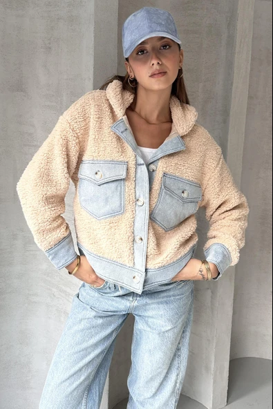 Suni Yünlü Denim Detaylı Ceket - Resim 4