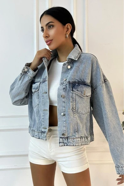 Kadın Oversize Denim Mavi Ceket - Resim 5
