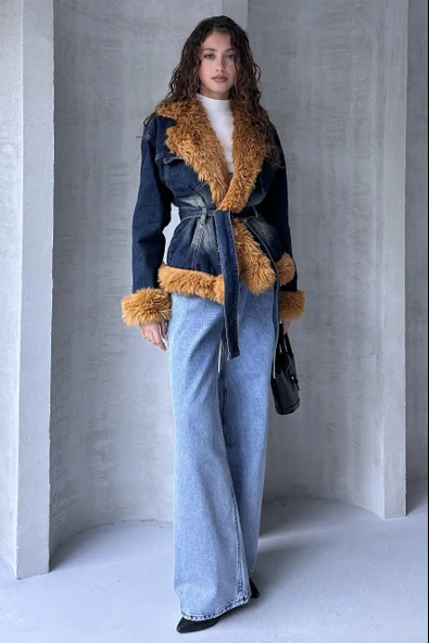 Kemerli Denim Kürk Ceket ürün görseli 1