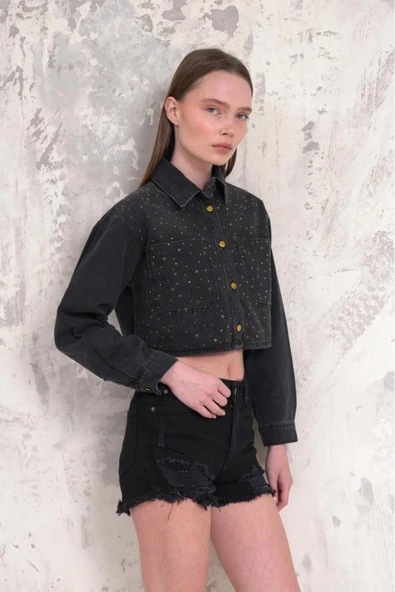 Kadın Taşlı Crop Denim Ceket - Resim 4