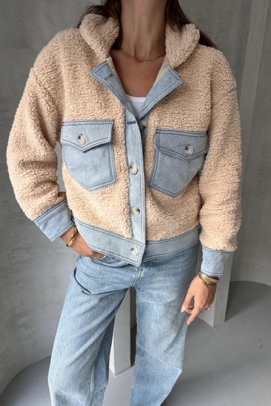 Suni Yünlü Denim Detaylı Ceket - Resim 5