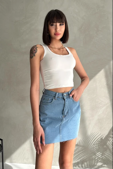 Dikişsiz Cepli Kısa Denim Etek - Resim 2