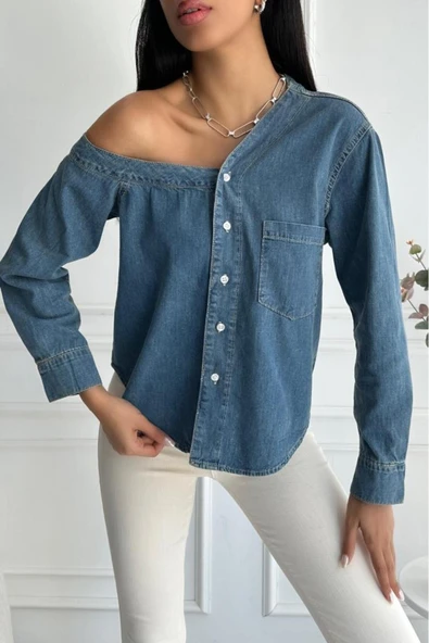 Kadın Regular Tek Omuz Denim Mavi Gömlek - Resim 5