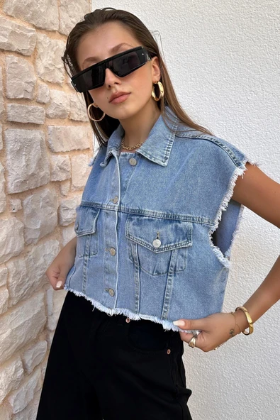Kadın Püsküllü Denim Yelek - Resim 2