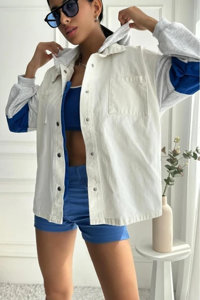 Kadın Oversize Çıkarılabilir Kapüşonlu Denim Bej Ceket - Resim 3