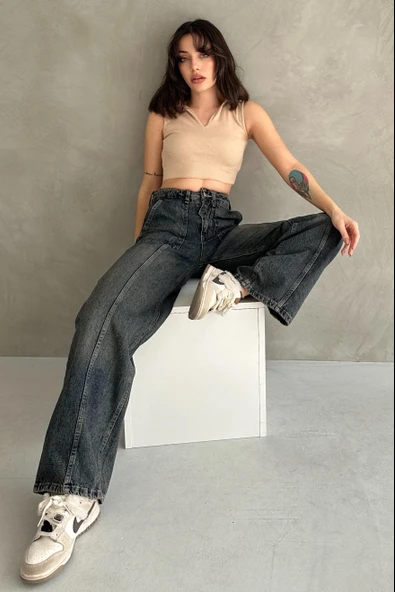 Normal Bel Geniş Paça Wide Leg Jean - 7750 - Resim 5
