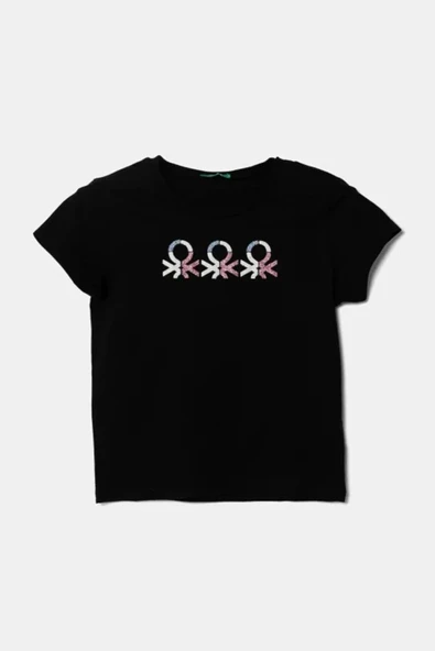 Kız Çocuk Siyah Simli Logo Baskılı T-Shirt ürün görseli 1