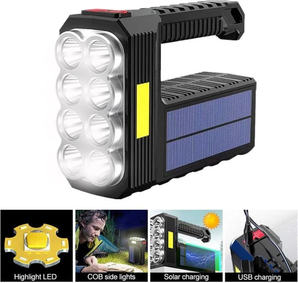 El Feneri Çok Fonksiyonlu 8 Gözlü Şarjlı Solar Usb Güneş Enerjili Şarj Edilebilir Süper Parlak Fenr ürün görseli 1