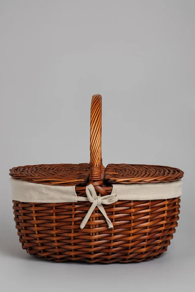 YUNUSOĞLU HOME Krem Kumaş Detaylı Hasır Piknik Sepeti 40x30x19 cm Kapaklı Termoform Sepet ürün görseli 1
