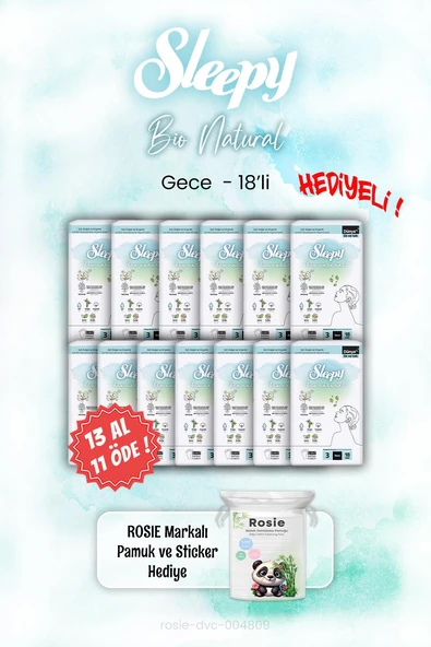Sleepy Bio Natural 13 AL 11 ÖDE Gece Ped 18'li ve ROSIE ürün görseli 1