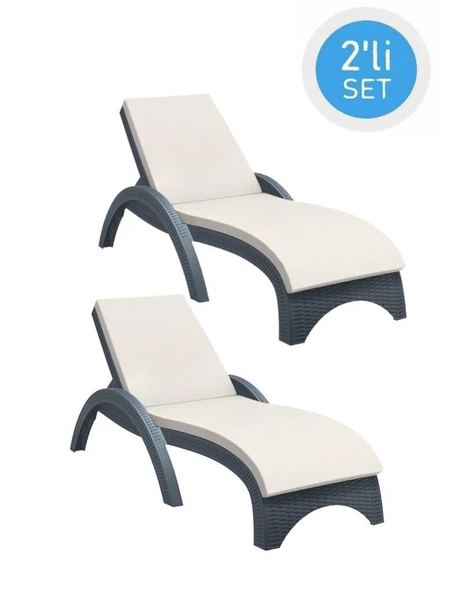 Omnipazar TRK-860 Siesta Fiji Bej Minderli Rattan Desenli Ayarlanabilir Lüks Şezlong Koyu Gri 2'li Set ürün görseli 1