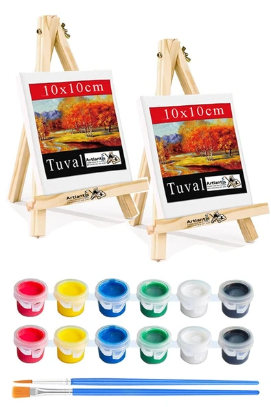 Mini Şövale 10x10 cm Tuval 3 ml Akrilik Boya 6 Renk ve Fırça 2 Adet 10x10 Mini Tuval Masaüstü Küçük Şövale Boyama Seti ürün görseli 1