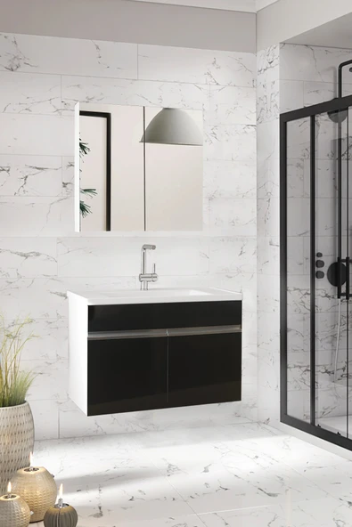 Alfa Banyo Visen OA Beyaz-Siyah Seramik Lavabolu Banyo Dolabı Takımı ürün görseli 1
