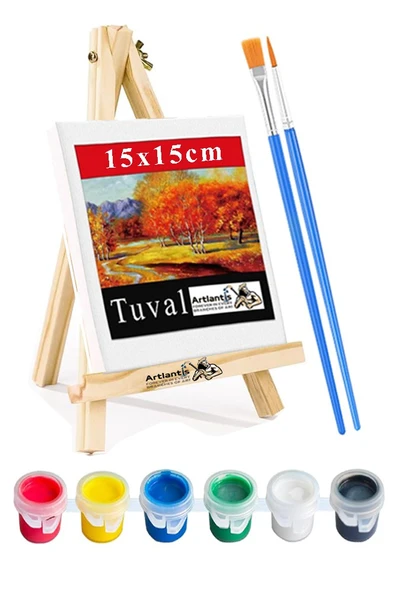 Mini Şövale 15x15 cm Tuval 3 ml Akrilik Boya 6 Renk ve Fırça 2 Adet 15x15 Mini Tuval Masaüstü Küçük Şövale Boyama Seti ürün görseli 1