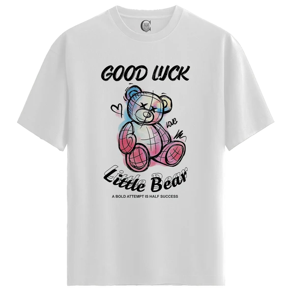 Lucky Bear - %100 Pamuklu Erkek Beyaz Tişört - Premium Quality ürün görseli 1