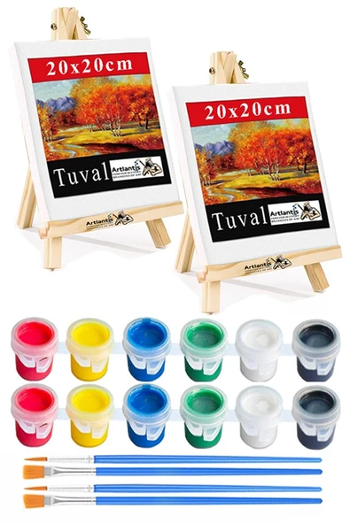 Mini Şövale 20x20 cm Tuval 3 ml Akrilik Boya 6 Renk ve Fırça 2 Adet 20x20 Mini Tuval Masaüstü Küçük Şövale Boyama Seti ürün görseli 1