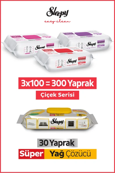 Sleepy Easy Clean Çiçek Serisi&Süper Yağ Çözücü Yüzey Temizlik Havlusu&Mendili(3x100+30) ürün görseli 1