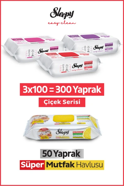 Sleepy Easy Clean Çiçek Serisi&Limon Yağlı Süper Mutfak Yüzey Temizlik Havlusu&Mendili(3x100+50) ürün görseli 1