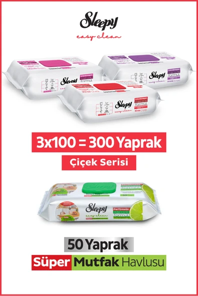 Sleepy Easy Clean Çiçek Serisi&Bergamot Yağlı Süper Mutfak Yüzey Temizlik Havlusu&Mendili(3x100+50) ürün görseli 1