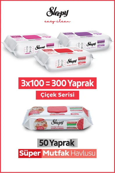 Sleepy Easy Clean Çiçek Serisi&Greyfurt Yağlı Süper Mutfak Yüzey Temizlik Havlusu&Mendili(3x100+50) ürün görseli 1
