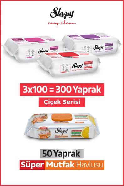 Sleepy Easy Clean Çiçek Serisi&Portakal Yağlı Süper Mutfak Yüzey Temizlik Havlusu&Mendili(3x100+50) ürün görseli 1