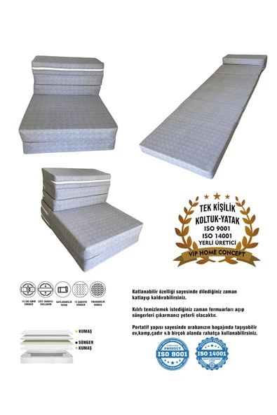 Vip Home Concept Market Ürünleri Tek Kişilik Katlanır Koltuk Katlanır Yatak Kanepe Yer Yatağı Tek Kişilik GRİ-65x160x10 CM ürün görseli 1