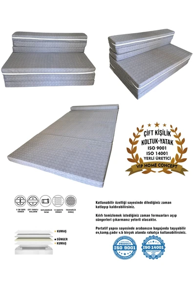 Vip Home Concept Market Ürünleri Çift Kişilik Katlanır Koltuk Katlanır Yatak Kanepe Yer Yatağı Çift Kişilik GRİ-120x195x8 CM ürün görseli 1