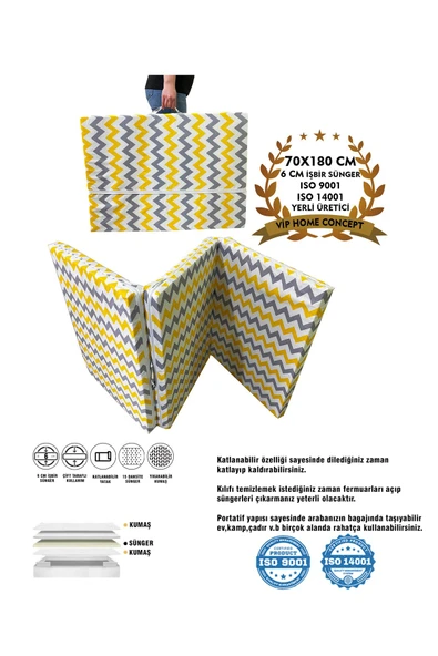 Vip Home Concept Market Ürünleri Katlanır Yer Yatağı Ve Tek Kişilik Sünger Katlanır Minder Yatak 70x180 Cm 6 Cm-SARI GRİ ZİKZAK ürün görseli 1