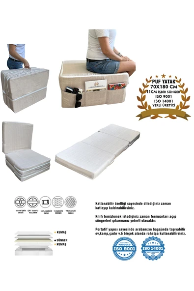Vip Home Concept Market Ürünleri Ultra Kalın 11 CM Katlanır Sünger Yatak, Puf Yatak, Puf Olabilen Yatak 70x180x11 cm-KREM ürün görseli 1