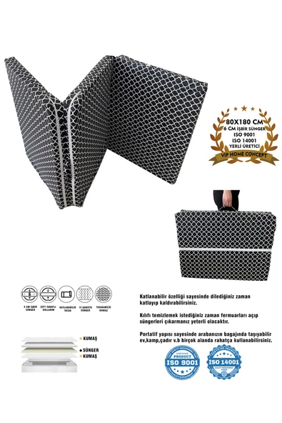 Vip Home Concept Market Ürünleri Katlanır Yatak Yer Yatağı Sünger Yatak Taşınabilen Tek Kişilik 80x180 Kara Çatı 6 Cm ürün görseli 1