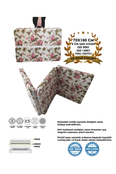 Vip Home Concept Market Ürünleri Katlanır Sünger Yatak(70x180x6cm)ingiliz Gülü Minder Yatak Fermuarlı ürün görseli 1