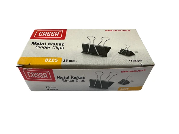 Cassa 8225 25 mm. Metal Çelik Siyah Kağıt Kıskacı Ataş Evrak Mandalı - 12 Adetlik Paket ürün görseli 1