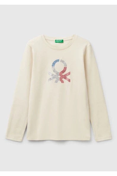 Kız Çocuk Krem Simli Benetton Logo Baskılı T-Shirt ürün görseli 1