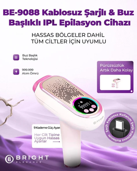 Bright Elegance BE-9088 Şarjlı Ipl Lazer Epilasyon Cihazı 999.999 Atım 9 Kademe Buz Başlık Hassas Dar Bölge Başlığı ürün görseli 1