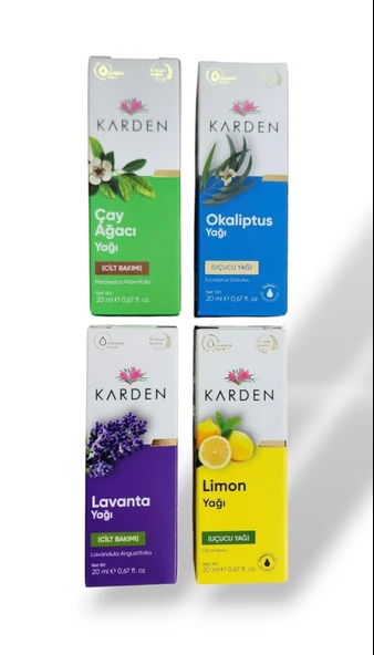 Karden Yaz Destek Seti Bitkisel Yağlar 4'lü (Lavanta Yağı 20ML, Okaliptus Yağı 20ML , limon Yağı 20 ML, Çay Ağacı Yağı 20ML) ürün görseli 1