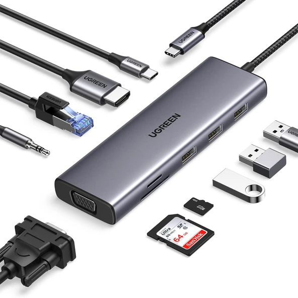 UGREEN 15601 CM498 10 in 1 Type-C to 3xUSB 3.0 4K/30Hz HDMI VGA Gigabit Ethernet Aux SD TF Kart Okuyucu ürün görseli 1