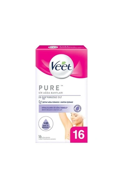 Veet Pure Bikini Bölgesi ve Koltuk Altı İçin Hipoalerjenik Sir Ağda Bandı 16'lı + 3 Adet Temizleme Mendili Hediye ürün görseli 1