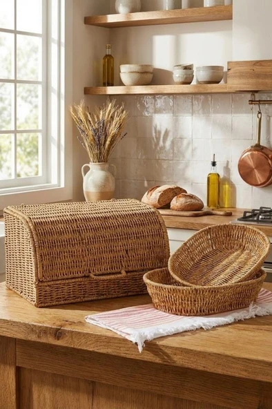 Mien Doğal Rattan 3’lü Hasır Set | Kapaklı Ekmek Sepeti ve Dekoratif Sunum Sepetleri ürün görseli 1