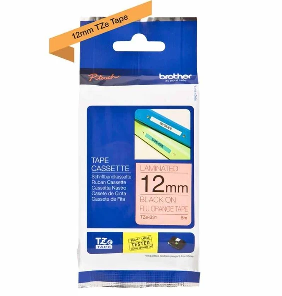 Tonersepeti TZe-B31 12mm Fosforlu Turuncu üzerine Siyah Laminasyonlu Etiket ürün görseli 1